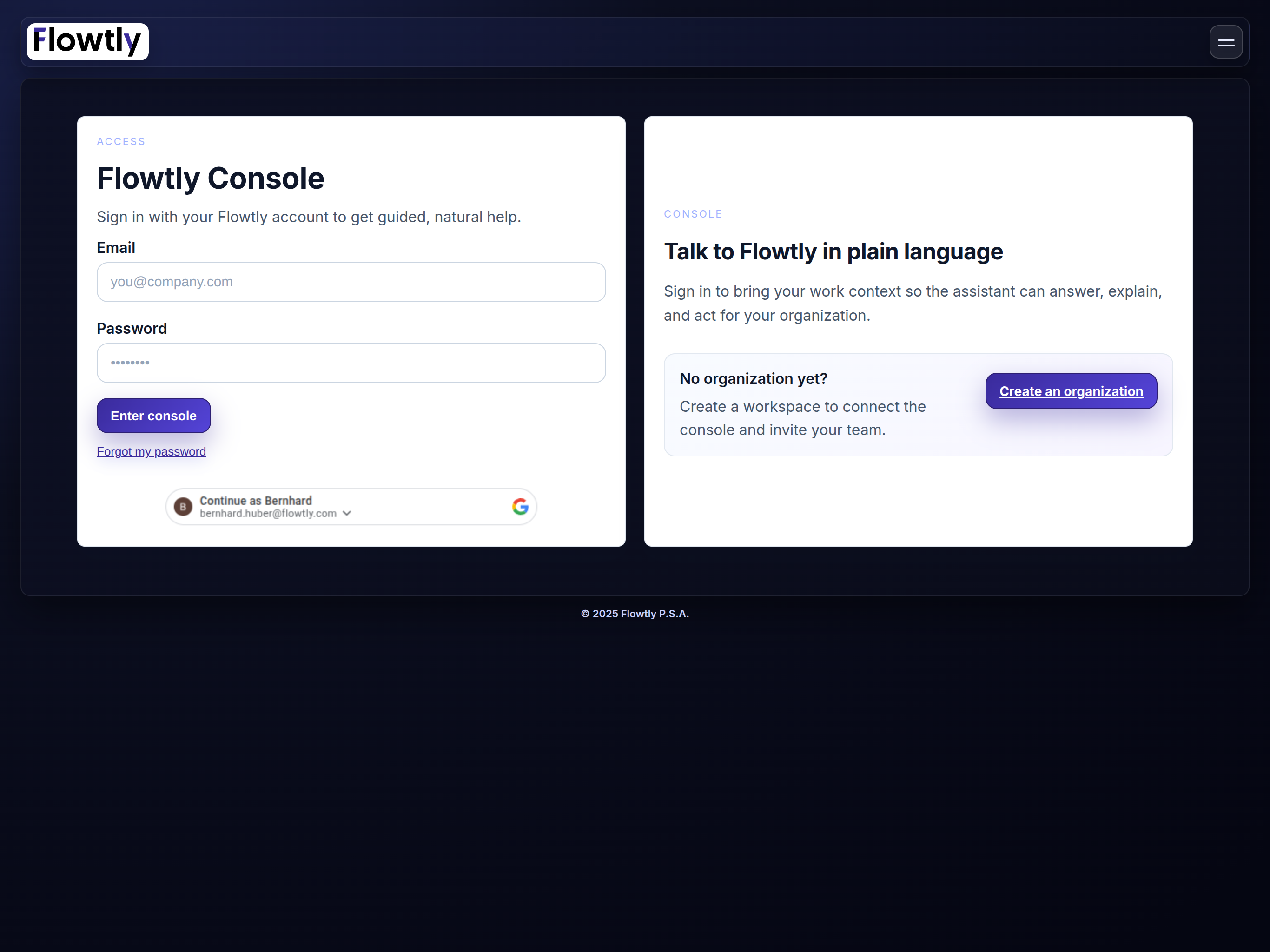 Flowtly Console sign-in screen with email and password fields