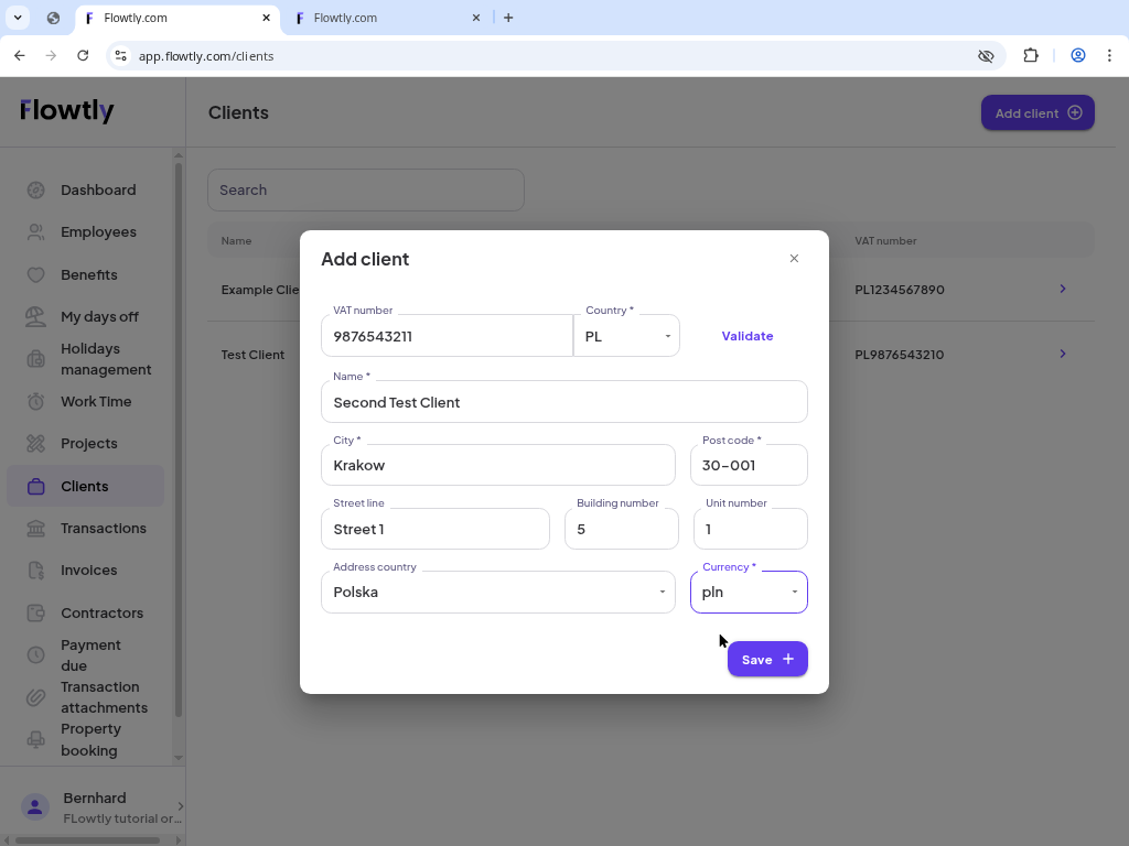Client overview screen highlighting company details