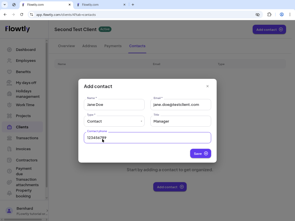Add contact form with fields for name, email and type