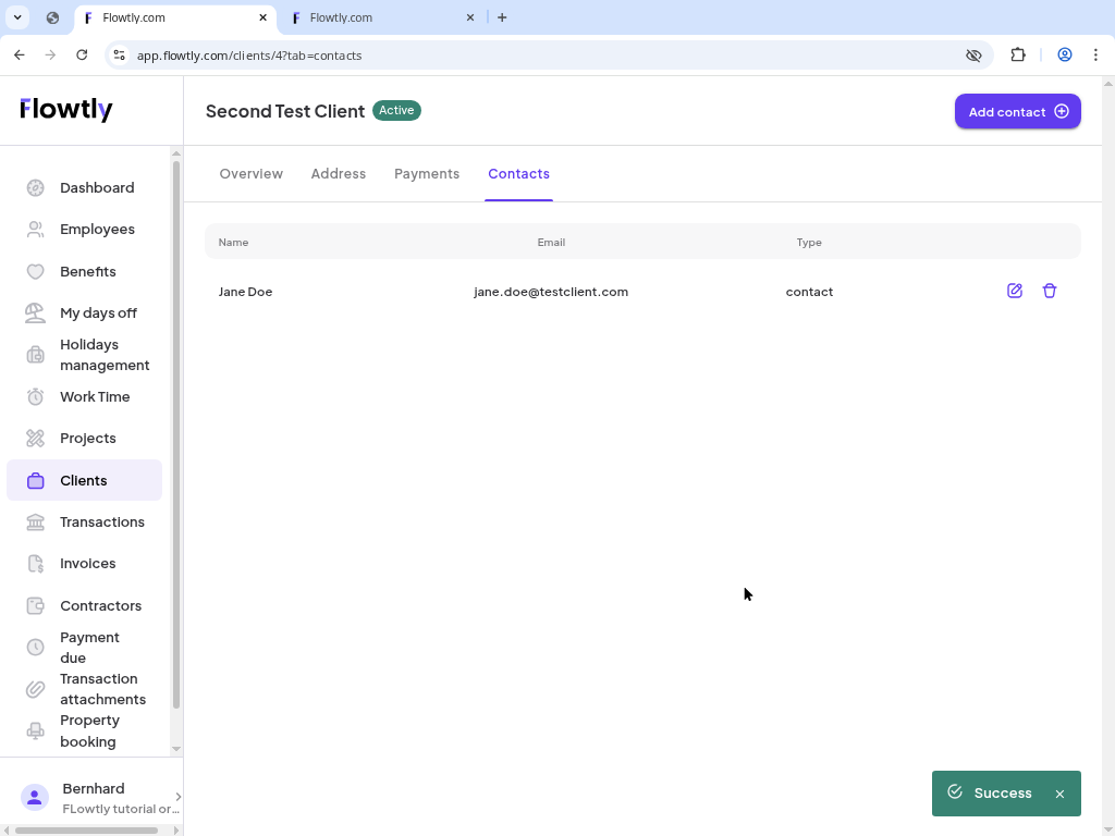 Client contacts list displaying the new entry
