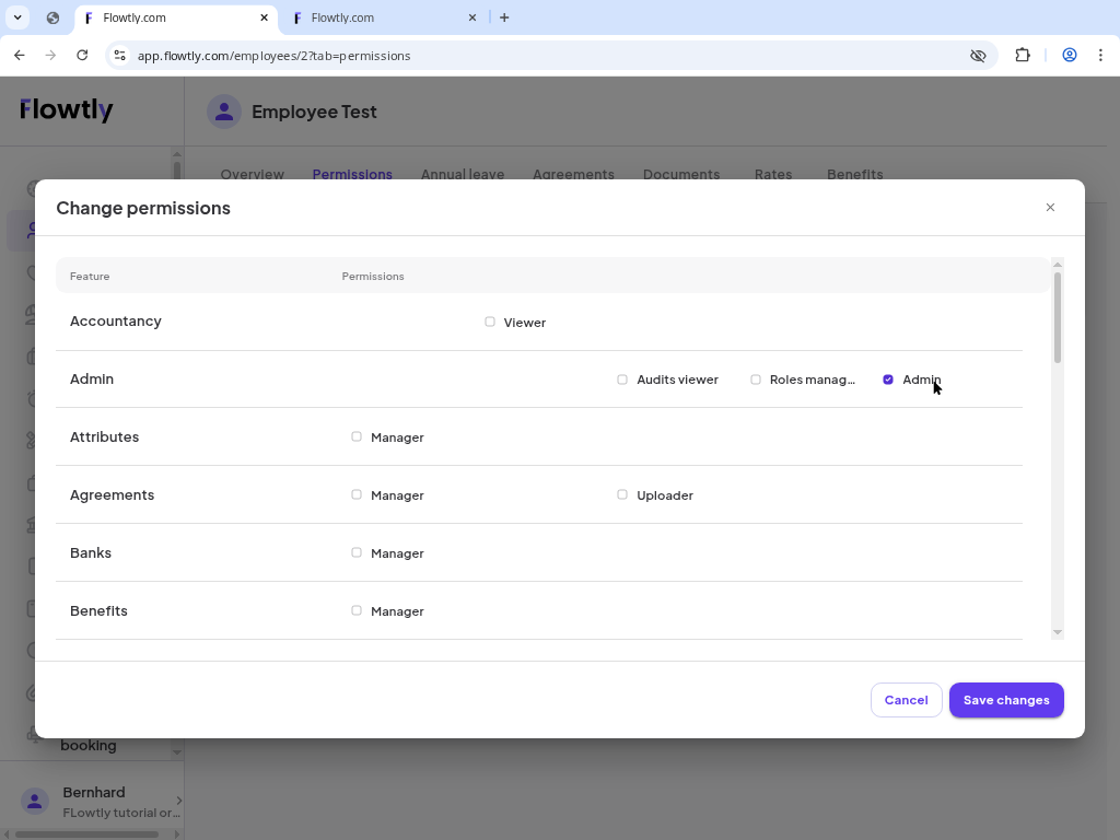Permissions tab with role selection for the employee