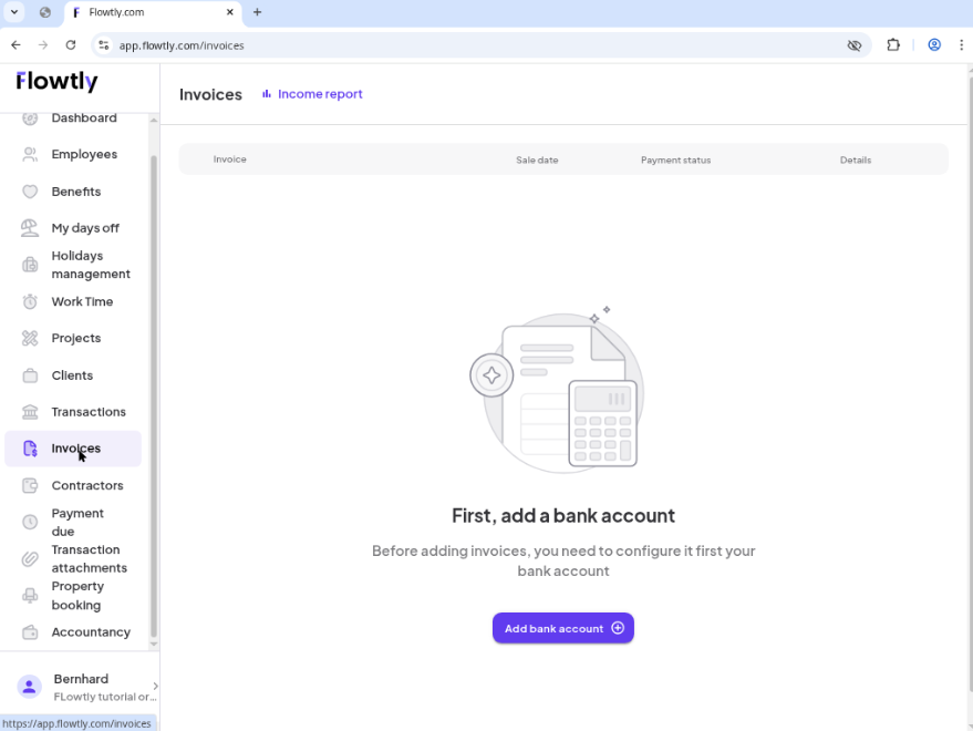 Invoices list in Flowtly with the Add invoice button highlighted