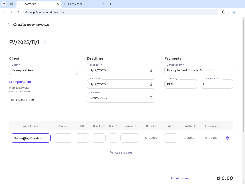 Invoice header fields such as bank account, currency and client