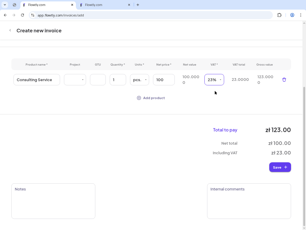 Product table showing description, quantity, price and VAT columns