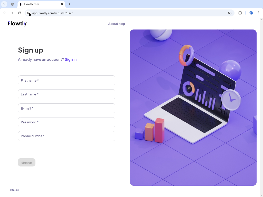 Flowtly sign up form open in a browser window