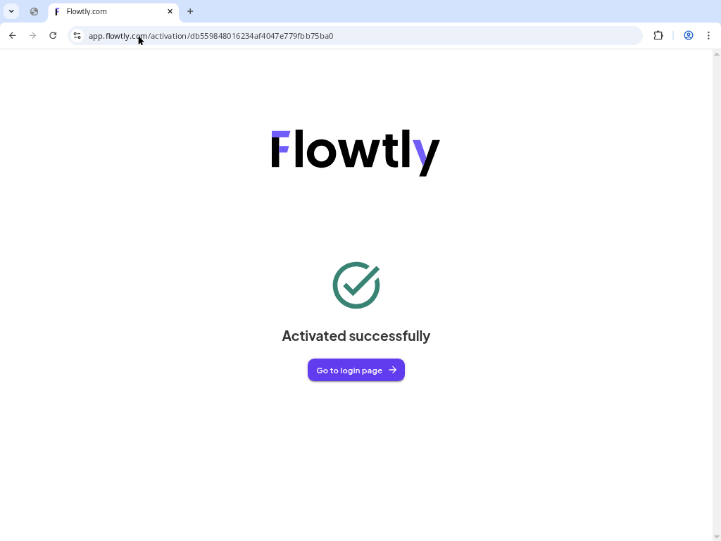 Flowtly activation success page with a button to go to the login page