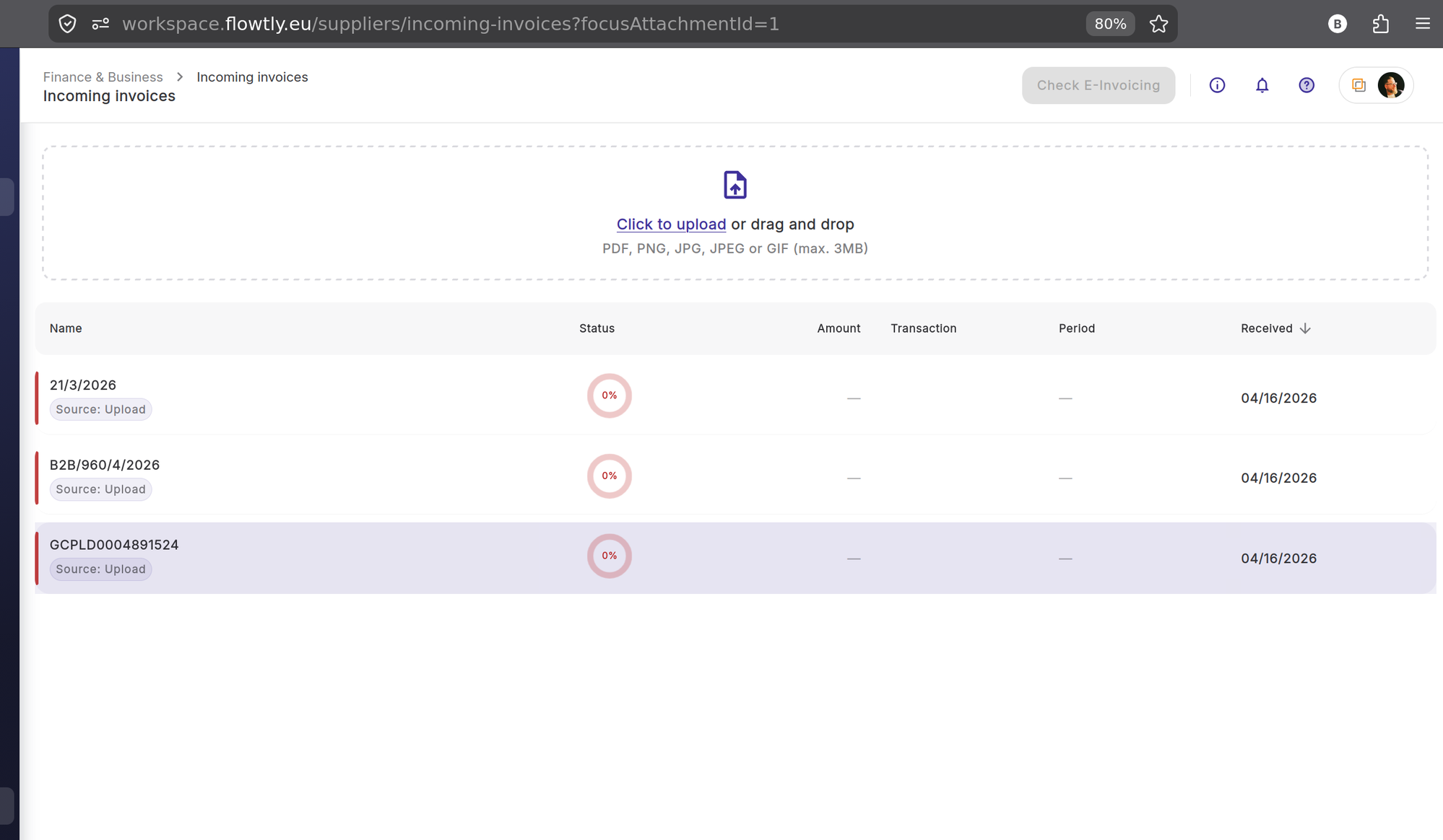Incoming invoices list in Flowtly with upload area and three invoices at 0% completion