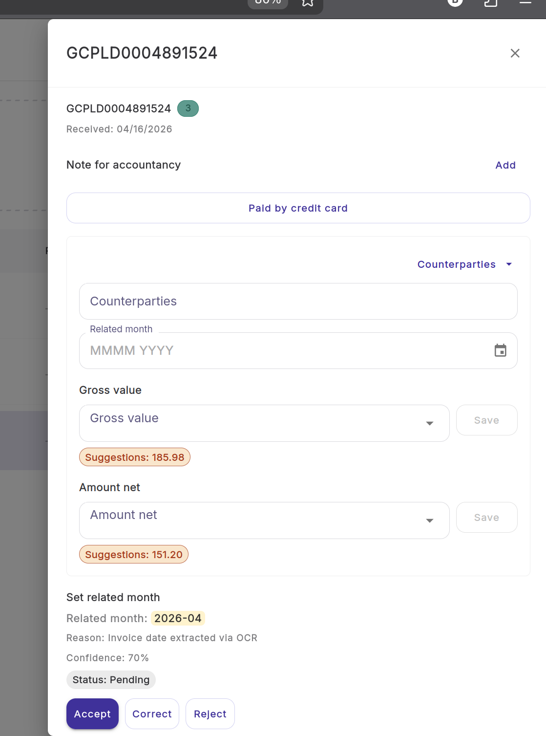 Invoice detail panel showing invoice name, received date, Note for accountancy field, and AI suggestion for related month with Accept, Correct, and Reject buttons