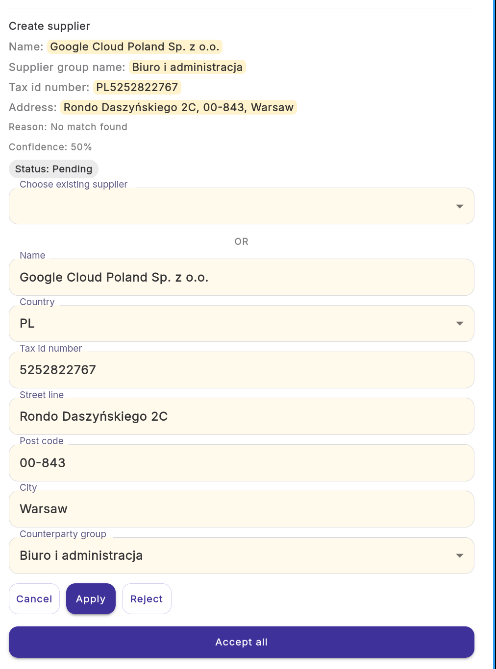 Supplier creation form pre-filled with name, country, tax ID, address, and counterparty group