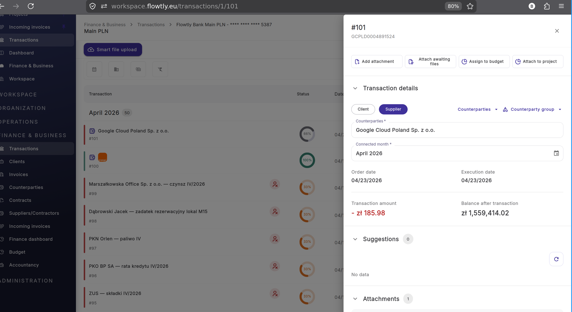 Flowtly transactions list showing April 2026 entries with colored completion circles