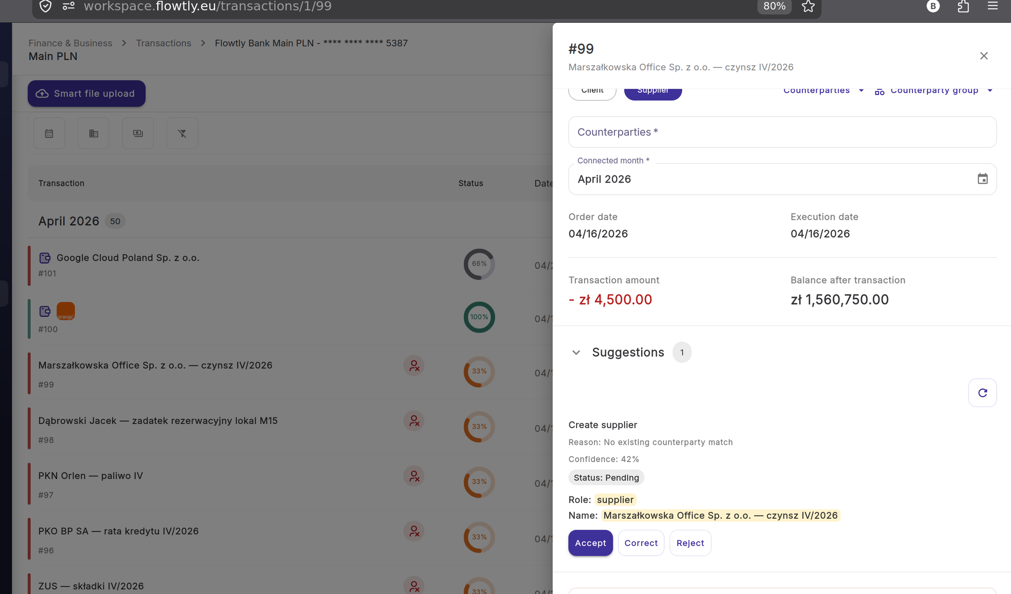 Suggestions panel showing a Create supplier card for Marszałkowska Office with 42% confidence and Accept, Correct, Reject buttons
