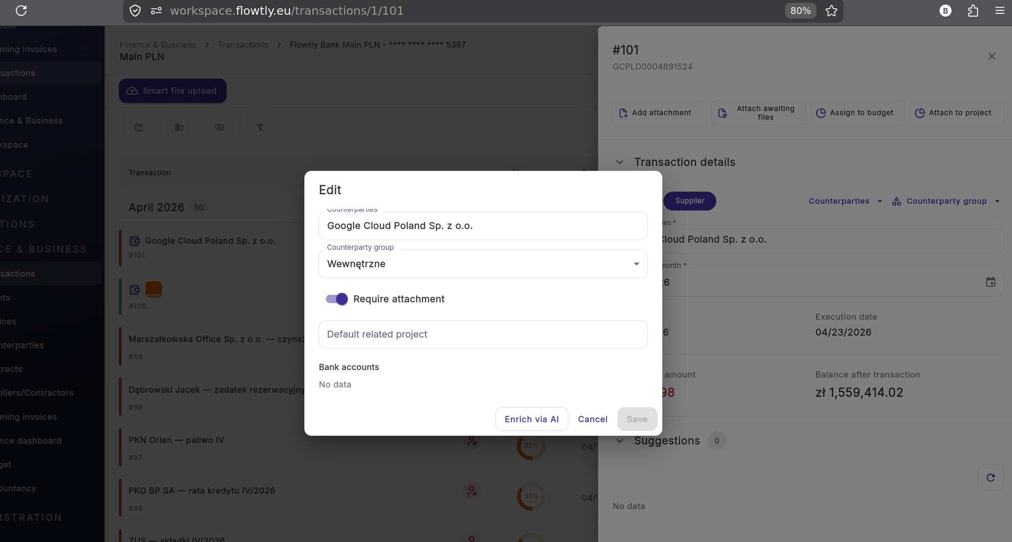 Edit counterparty dialog showing counterparty group dropdown set to Wewnętrzne, Require attachment toggle on, Default related project field, and Enrich via AI button