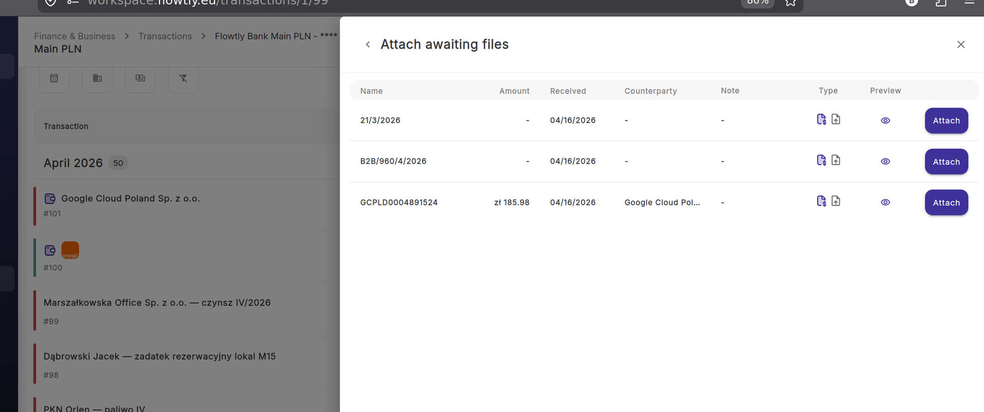 Attach awaiting files panel listing three pending incoming invoices with amount, received date, counterparty, and Attach buttons