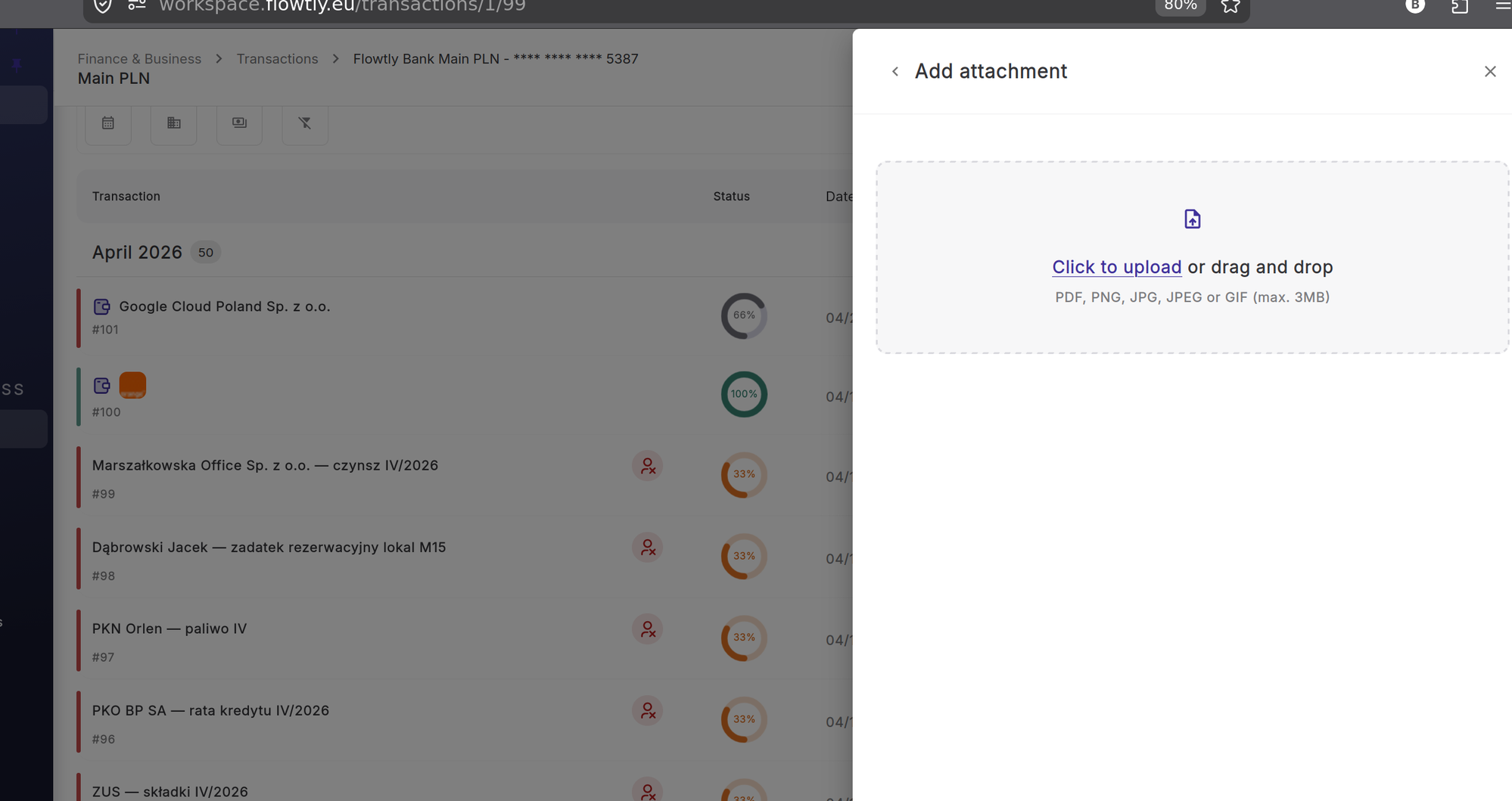 Add attachment panel showing a drag and drop upload zone accepting PDF, PNG, JPG, JPEG, or GIF up to 3 MB
