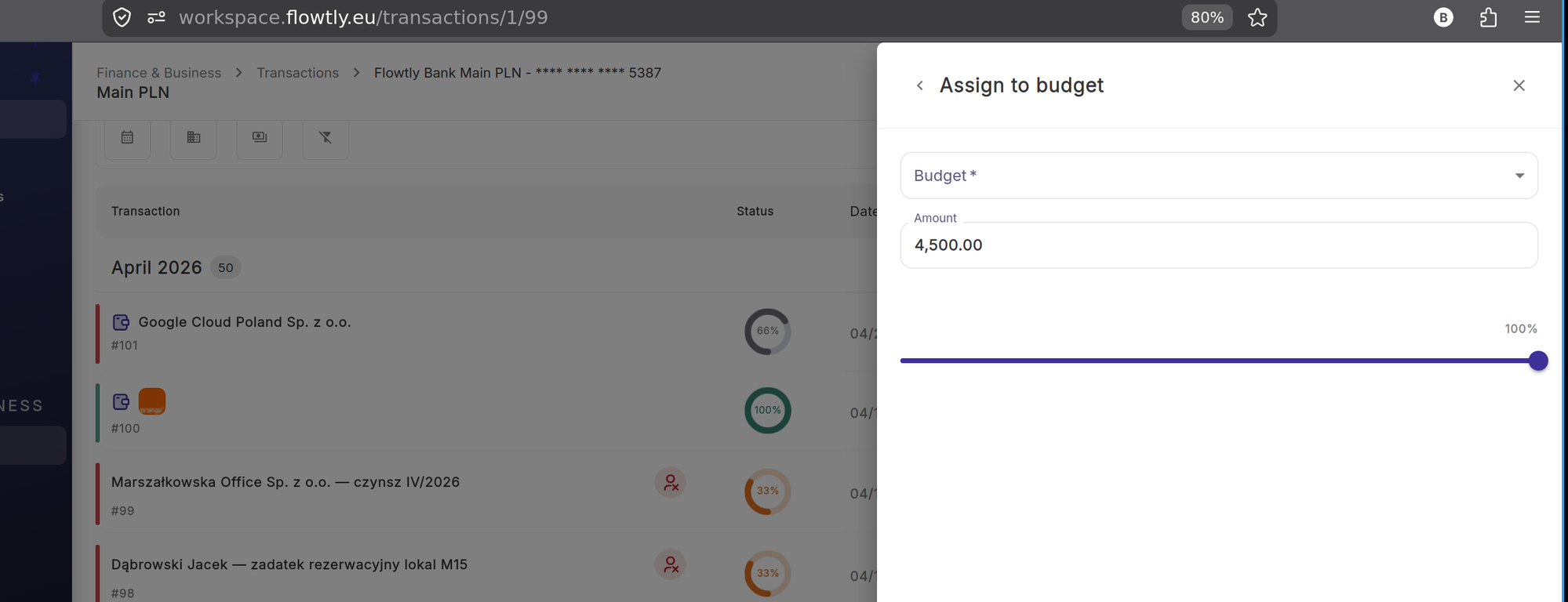 Assign to budget panel with budget dropdown, amount 4500.00, and percentage slider set to 100%