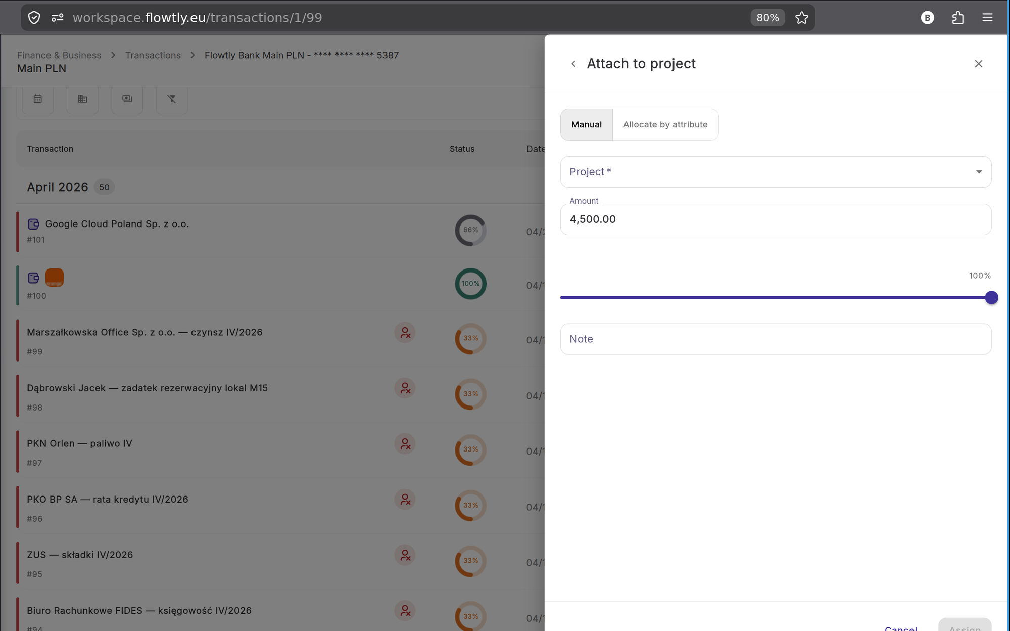 Attach to project panel showing Manual tab with project dropdown, amount 4500.00, percentage slider at 100%, and Note field