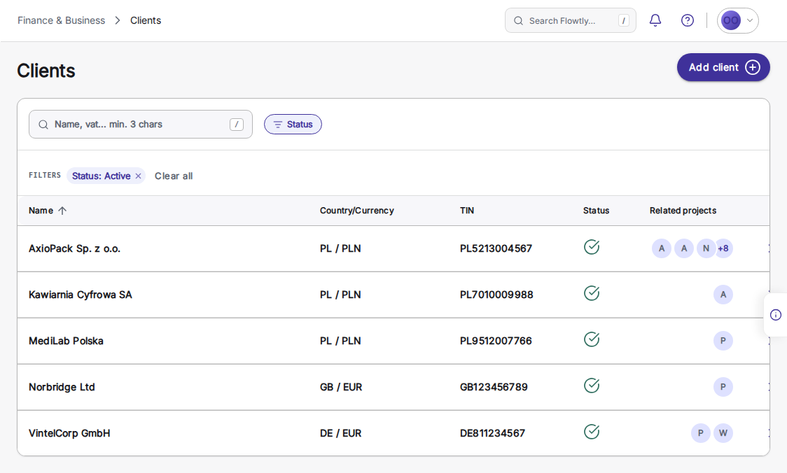 Lista Clients no Flowtly com o botão Add client