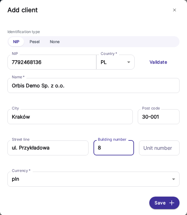 Diálogo Add client com campos de identificação, morada e moeda