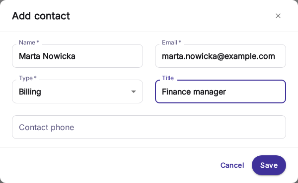 Formulário para adicionar um contacto com campos de nome, e-mail e tipo