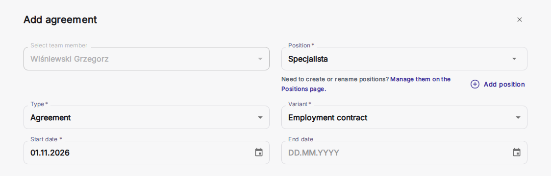 Dialogul Adaugă contract cu câmpurile poziție, tip și variantă