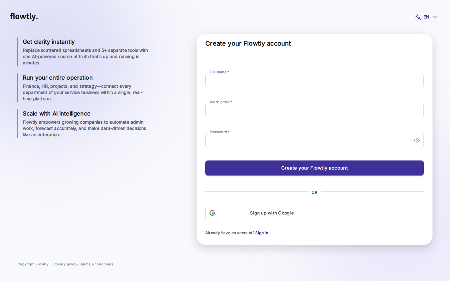 Formularul de înregistrare Flowtly, deschis într-o fereastră de browser