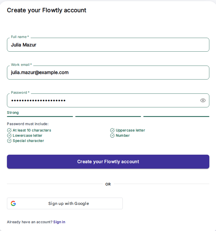 Utilizator completând formularul de înregistrare Flowtly