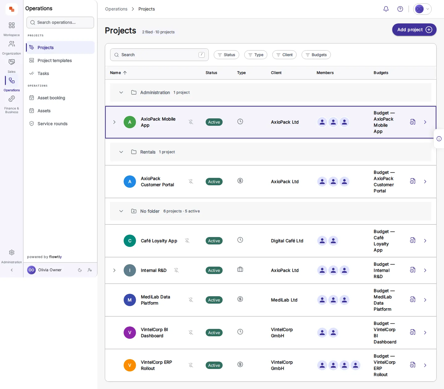 The project list in the Atlas Studio demonstration organisation: client projects in a table with columns for name, status, type, client, members and budgets.