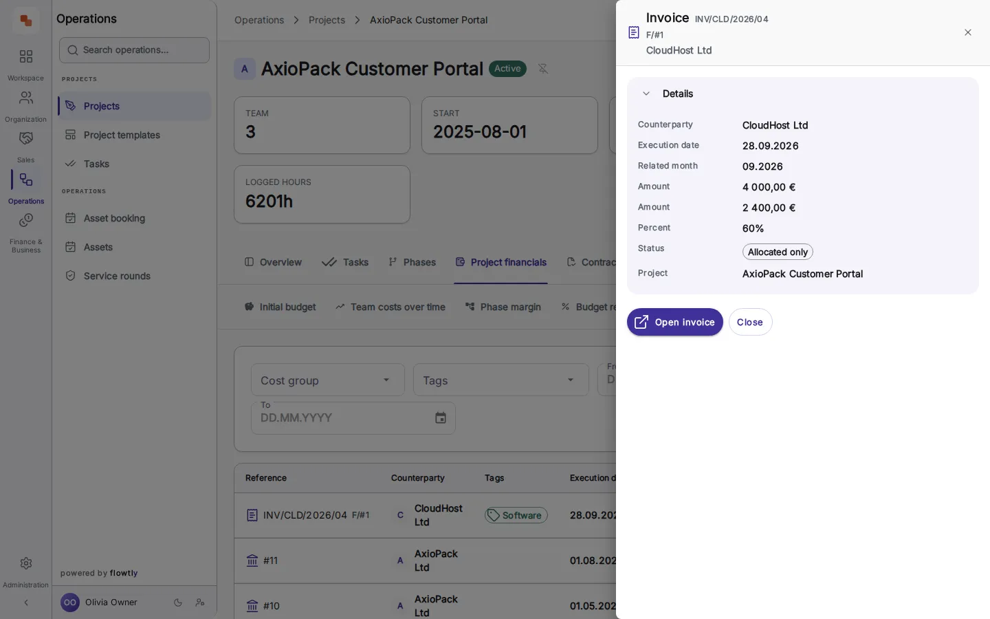 A side panel titled 'Invoice' for INV/CLD/2026/04 from CloudHost Ltd, showing the execution date, an amount of 4 000,00 €, an allocated value of 2 400,00 €, a 60% share and an 'Open invoice' button.