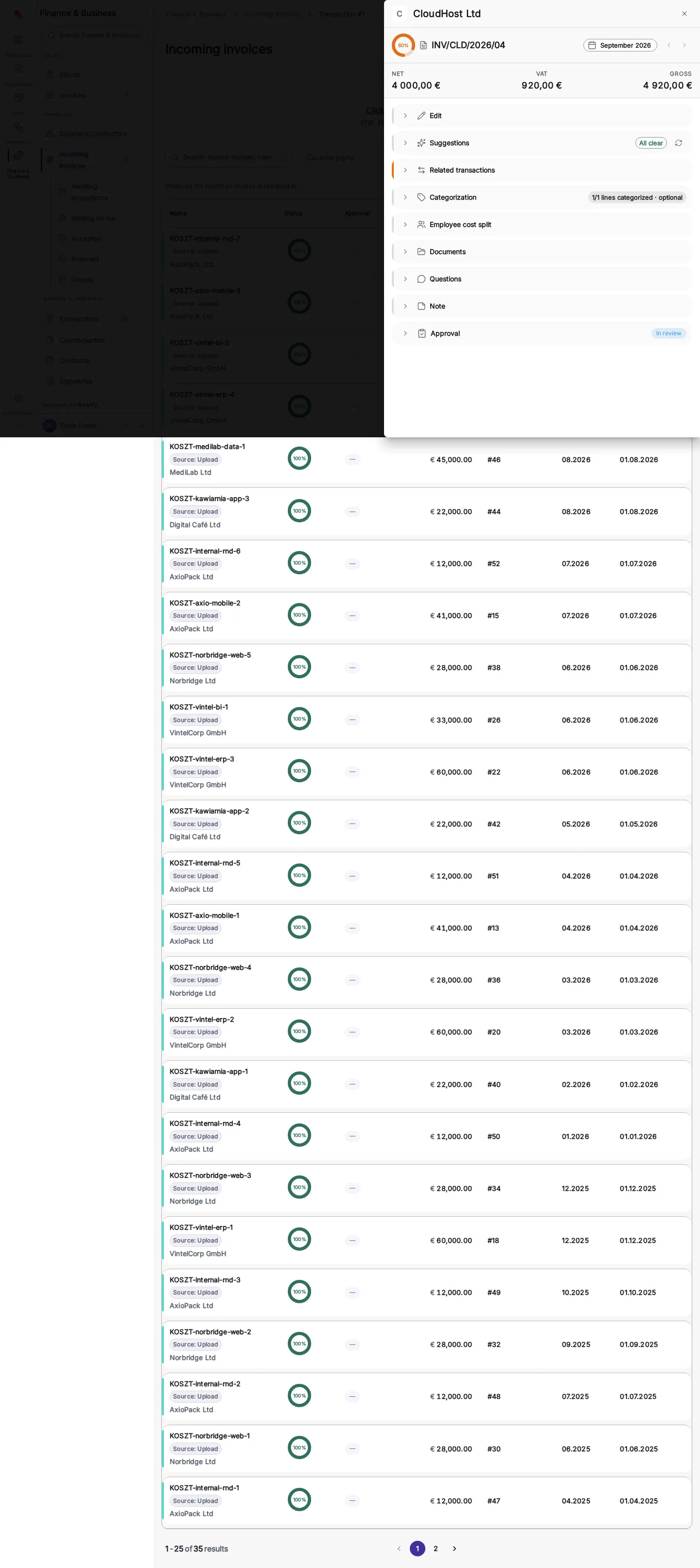 The purchase invoice opened in the incoming-invoices list after clicking 'Open invoice': a side panel with the invoice number, its period, and NET 4 000,00 €, VAT 920,00 € and GROSS 4 920,00 €.